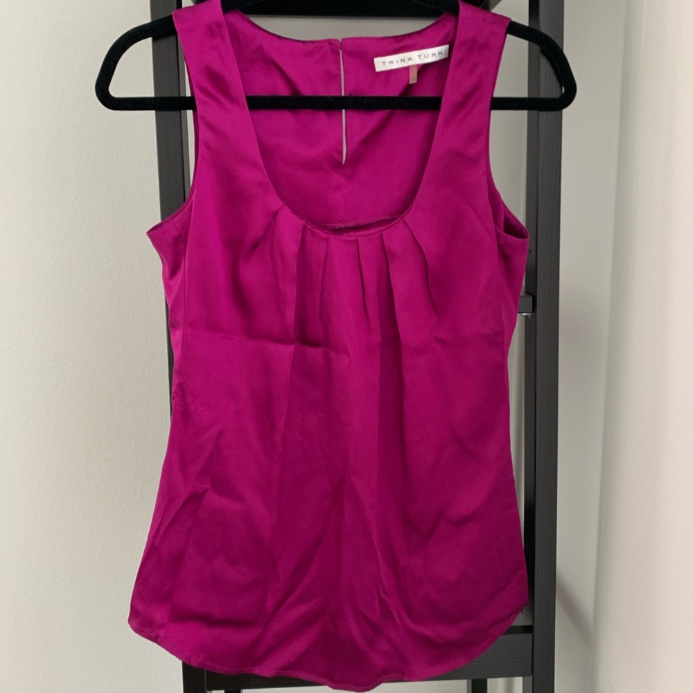Trina Turk Pleated Scoop Neck Silk Blouse